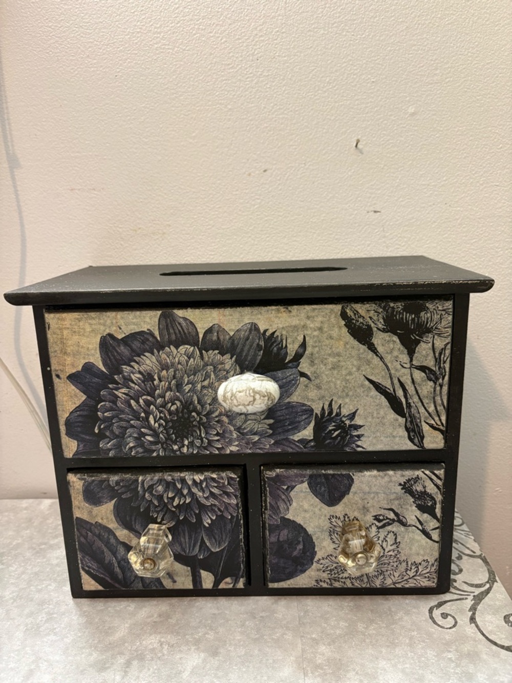 Floral Wooden  Box with Drawers - Kleenex holder